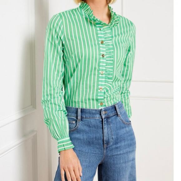 Talbots Green Nautical Striped Button Up Top Ruffle Front NWOT Size Large - Picture 1 of 9